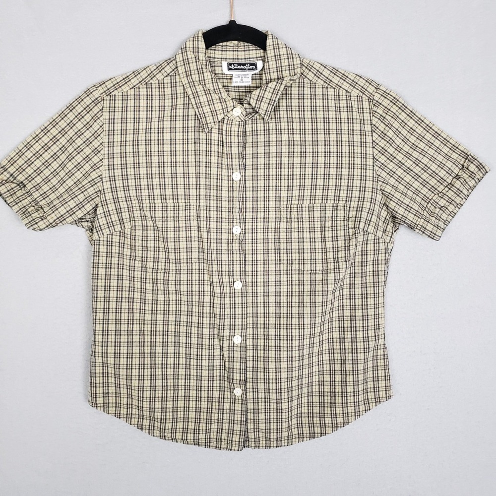 Vintage 90's Xhilaration Size S Plaid Button Up Beige Blue Neutral Casual Cotton